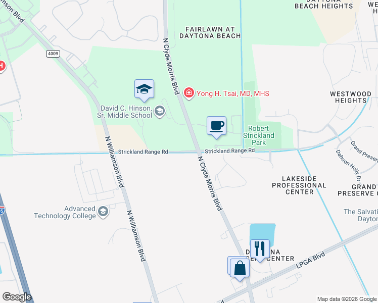 map of restaurants, bars, coffee shops, grocery stores, and more near Strickland Range Road in Ormond Beach