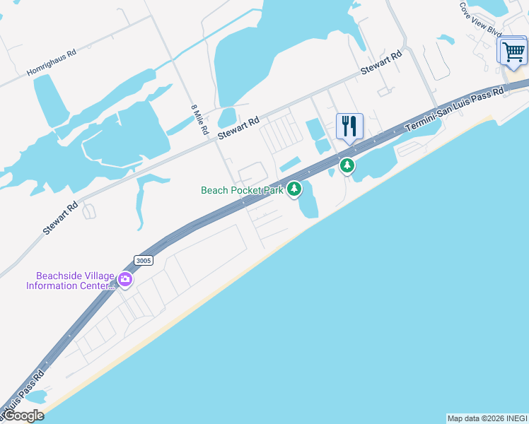 map of restaurants, bars, coffee shops, grocery stores, and more near 11213 Beard Drive in Galveston
