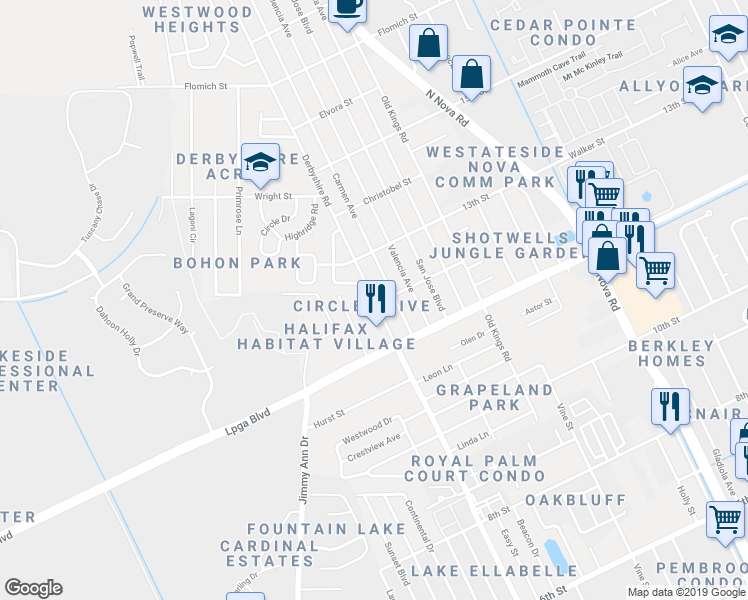 map of restaurants, bars, coffee shops, grocery stores, and more near 800 Miami Avenue in Daytona Beach