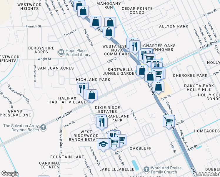map of restaurants, bars, coffee shops, grocery stores, and more near 1218 Old Kings Road in Daytona Beach