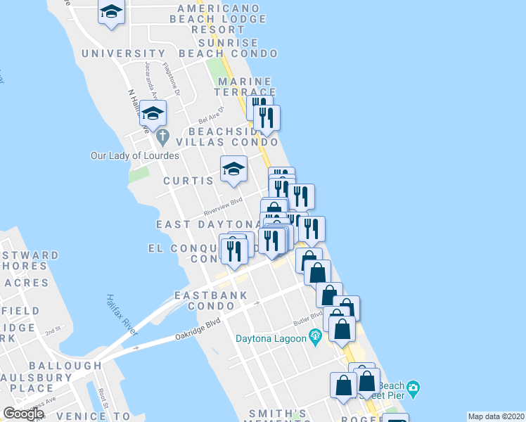 map of restaurants, bars, coffee shops, grocery stores, and more near 729 North Grandview Avenue in Daytona Beach