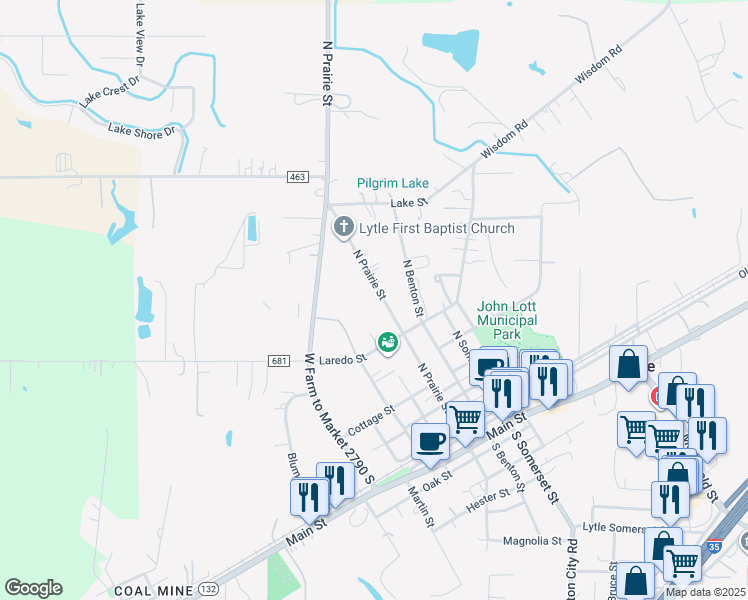 map of restaurants, bars, coffee shops, grocery stores, and more near 18815 North Prairie Street in Lytle