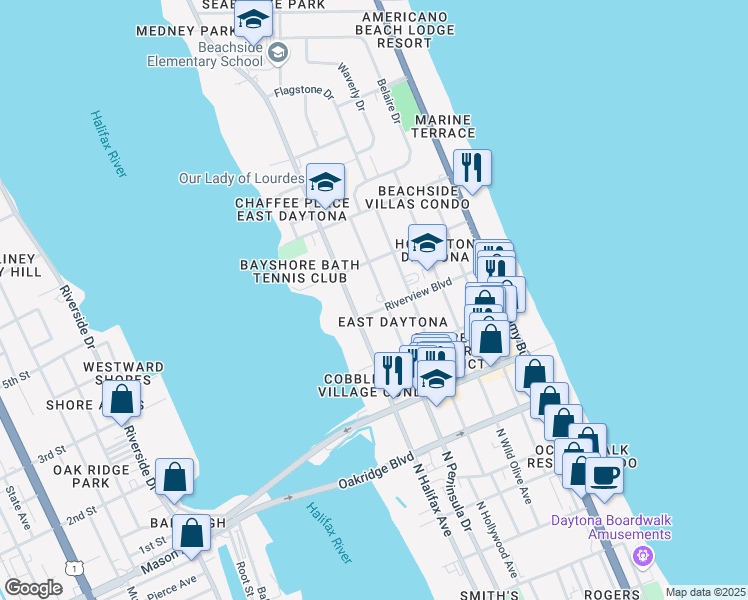 map of restaurants, bars, coffee shops, grocery stores, and more near 801 North Peninsula Drive in Daytona Beach