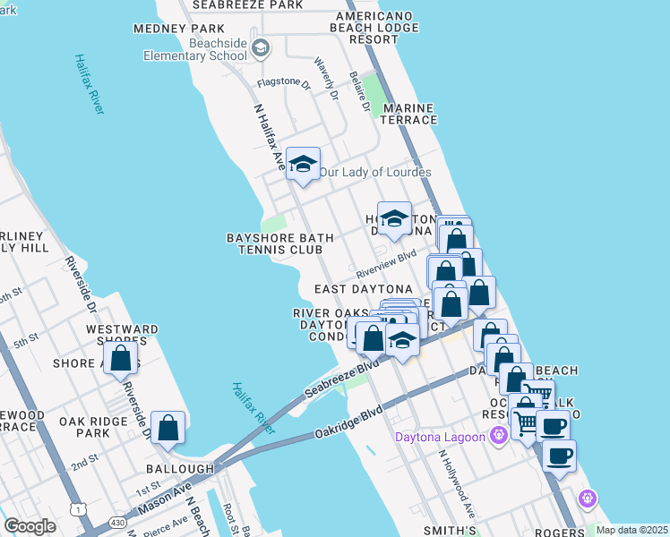 map of restaurants, bars, coffee shops, grocery stores, and more near 818 North Halifax Avenue in Daytona Beach
