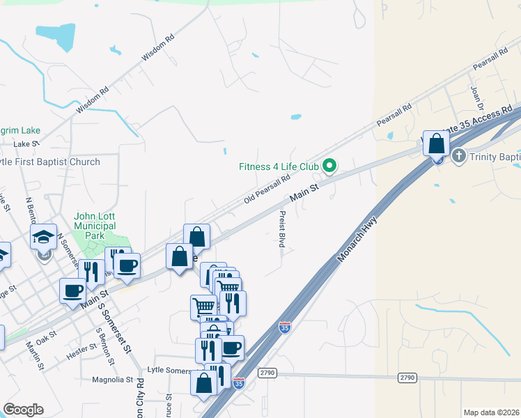 map of restaurants, bars, coffee shops, grocery stores, and more near 14673 Main Street in Lytle