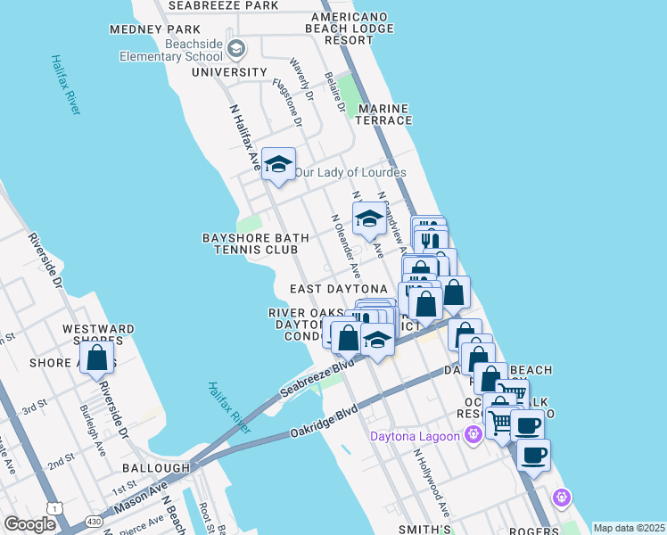 map of restaurants, bars, coffee shops, grocery stores, and more near 803 North Oleander Avenue in Daytona Beach