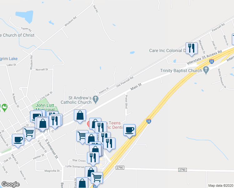 map of restaurants, bars, coffee shops, grocery stores, and more near 14673 Main Street in Lytle