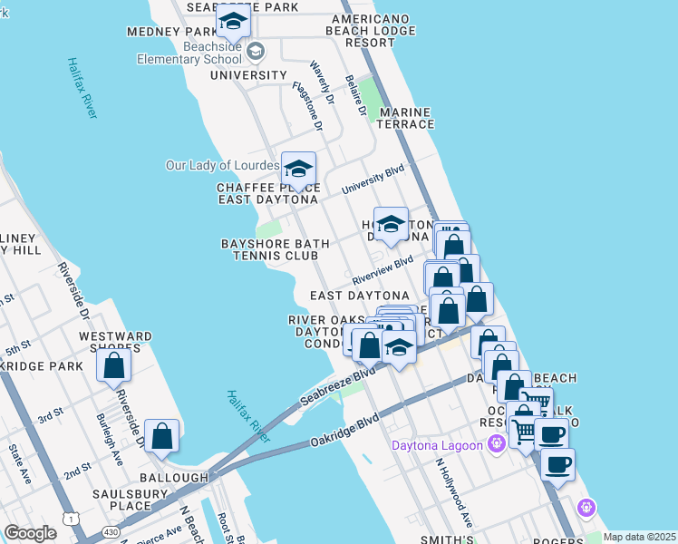 map of restaurants, bars, coffee shops, grocery stores, and more near 801 North Peninsula Drive in Daytona Beach
