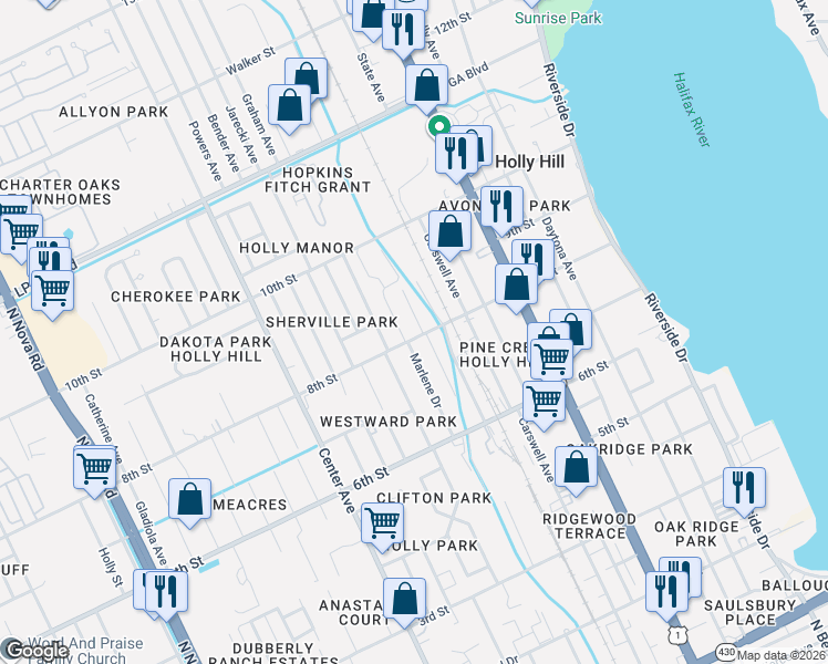 map of restaurants, bars, coffee shops, grocery stores, and more near 439 8th Street in Daytona Beach