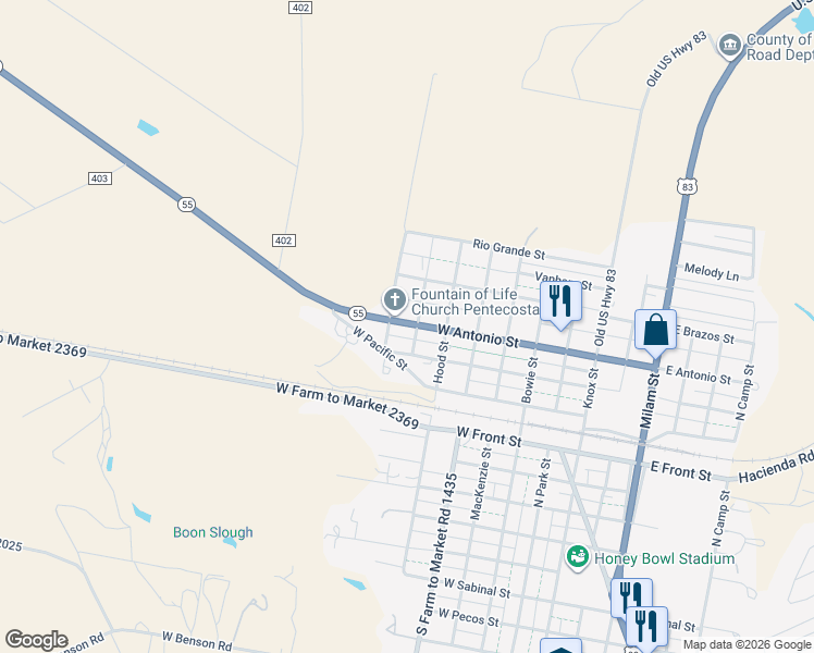 map of restaurants, bars, coffee shops, grocery stores, and more near 631 W Antonio St in Uvalde