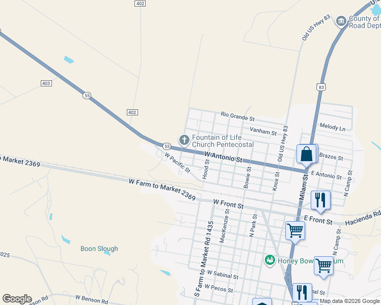 map of restaurants, bars, coffee shops, grocery stores, and more near 631-699 W Antonio St in Uvalde