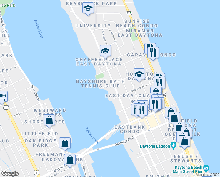 map of restaurants, bars, coffee shops, grocery stores, and more near 841 N Halifax Ave in Daytona Beach