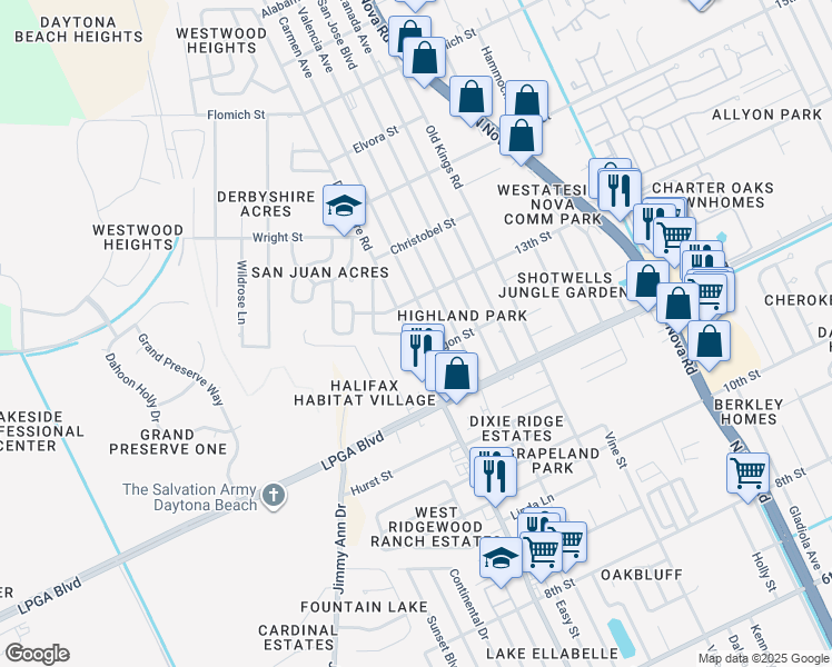 map of restaurants, bars, coffee shops, grocery stores, and more near 1221 Derbyshire Road in Daytona Beach