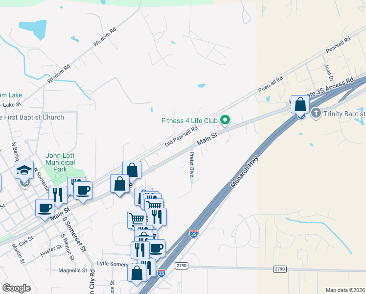 map of restaurants, bars, coffee shops, grocery stores, and more near 14673 Main Street in Lytle