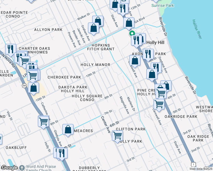 map of restaurants, bars, coffee shops, grocery stores, and more near 839 Oleander Avenue in Daytona Beach