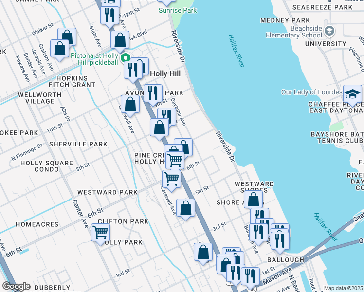 map of restaurants, bars, coffee shops, grocery stores, and more near in Daytona Beach