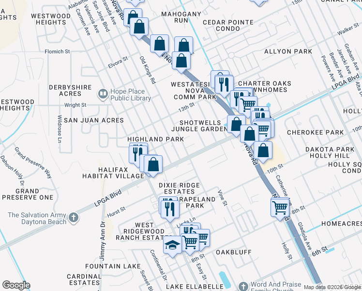 map of restaurants, bars, coffee shops, grocery stores, and more near 1218 Old Kings Road in Daytona Beach