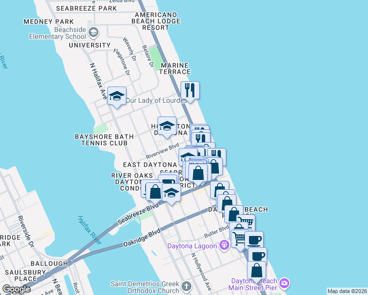 map of restaurants, bars, coffee shops, grocery stores, and more near 729 North Grandview Avenue in Daytona Beach