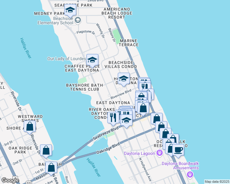 map of restaurants, bars, coffee shops, grocery stores, and more near 803 North Oleander Avenue in Daytona Beach