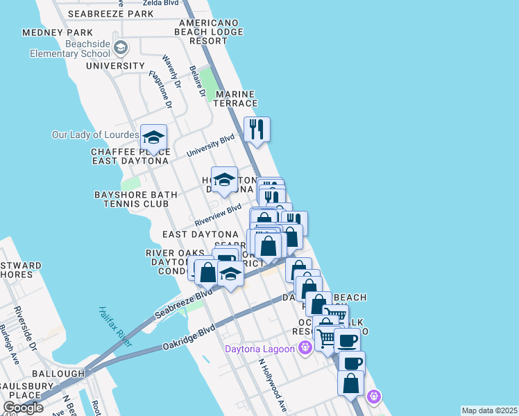 map of restaurants, bars, coffee shops, grocery stores, and more near 729 North Grandview Avenue in Daytona Beach