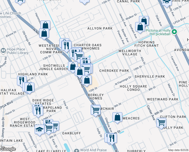 map of restaurants, bars, coffee shops, grocery stores, and more near 1028 Grand Hickory Circle in Daytona Beach