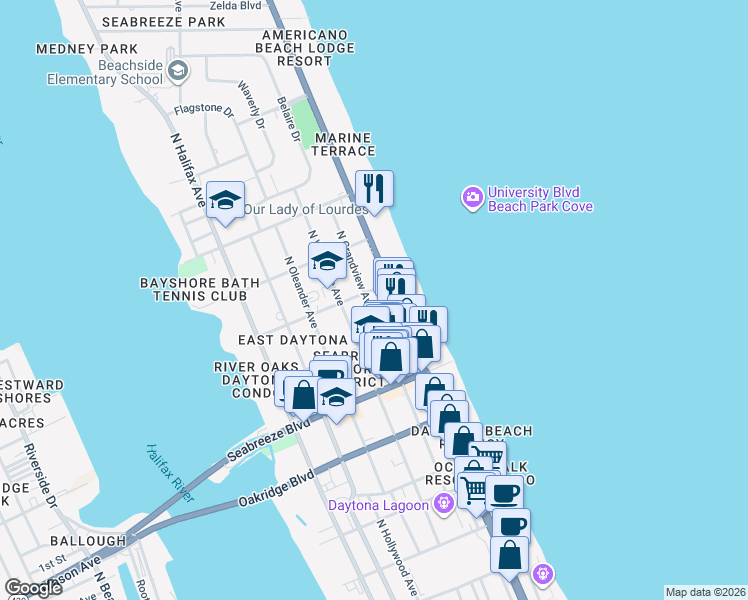 map of restaurants, bars, coffee shops, grocery stores, and more near 729 North Grandview Avenue in Daytona Beach