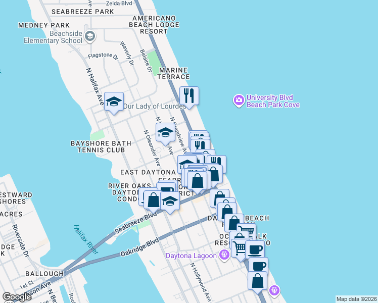 map of restaurants, bars, coffee shops, grocery stores, and more near 729 North Grandview Avenue in Daytona Beach
