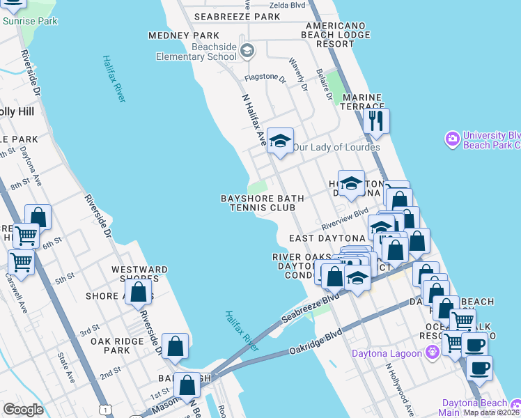 map of restaurants, bars, coffee shops, grocery stores, and more near 925 North Halifax Avenue in Daytona Beach