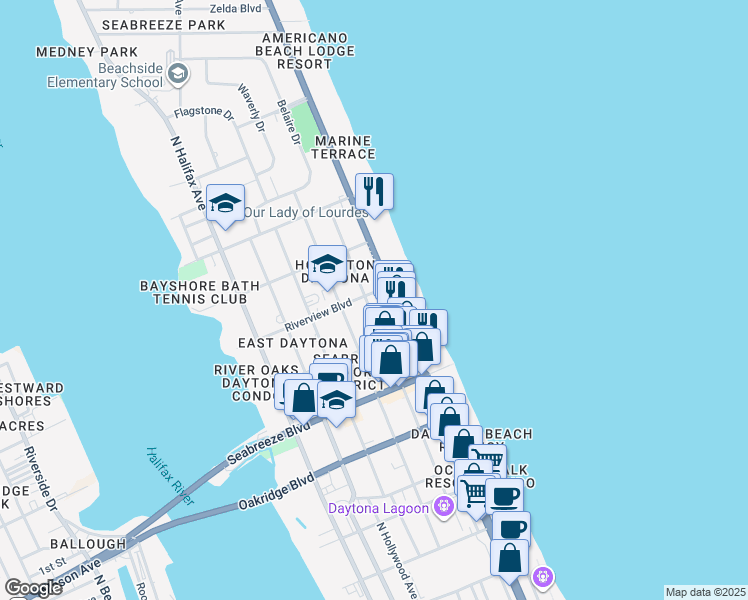 map of restaurants, bars, coffee shops, grocery stores, and more near 729 North Grandview Avenue in Daytona Beach