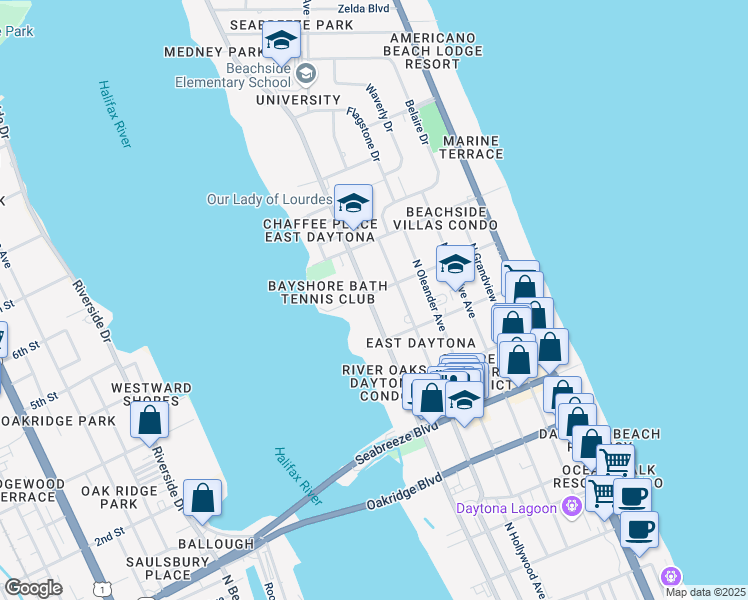 map of restaurants, bars, coffee shops, grocery stores, and more near 818 North Halifax Avenue in Daytona Beach