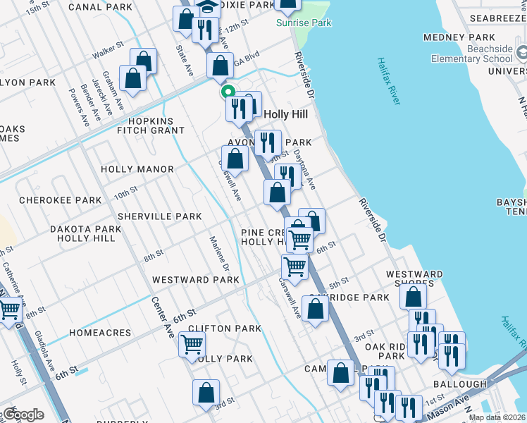 map of restaurants, bars, coffee shops, grocery stores, and more near 737 State Avenue in Daytona Beach