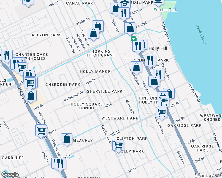 map of restaurants, bars, coffee shops, grocery stores, and more near 839 Oleander Avenue in Daytona Beach
