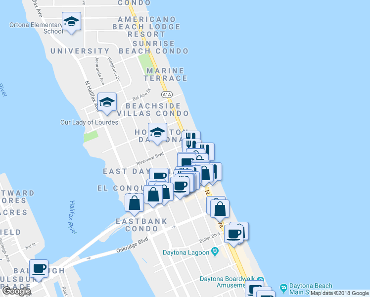 map of restaurants, bars, coffee shops, grocery stores, and more near 729 North Grandview Avenue in Daytona Beach
