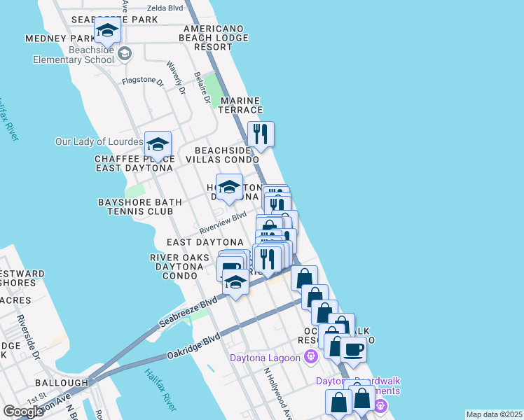 map of restaurants, bars, coffee shops, grocery stores, and more near 729 North Grandview Avenue in Daytona Beach