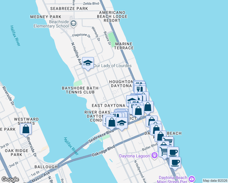 map of restaurants, bars, coffee shops, grocery stores, and more near 803 North Oleander Avenue in Daytona Beach