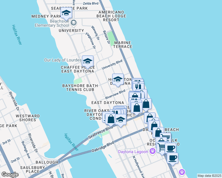 map of restaurants, bars, coffee shops, grocery stores, and more near 803 North Oleander Avenue in Daytona Beach
