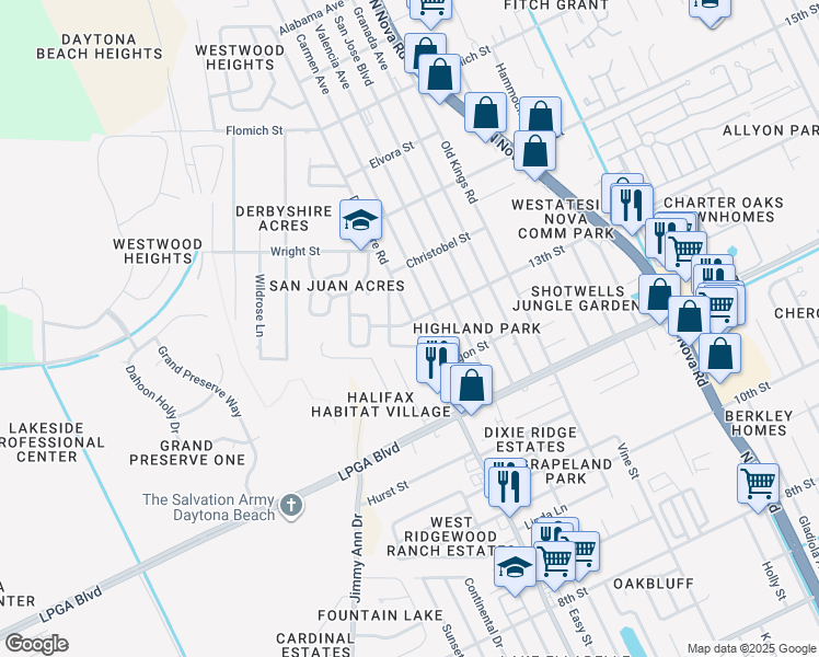 map of restaurants, bars, coffee shops, grocery stores, and more near 1221 Derbyshire Road in Daytona Beach