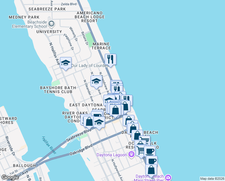 map of restaurants, bars, coffee shops, grocery stores, and more near 729 North Grandview Avenue in Daytona Beach