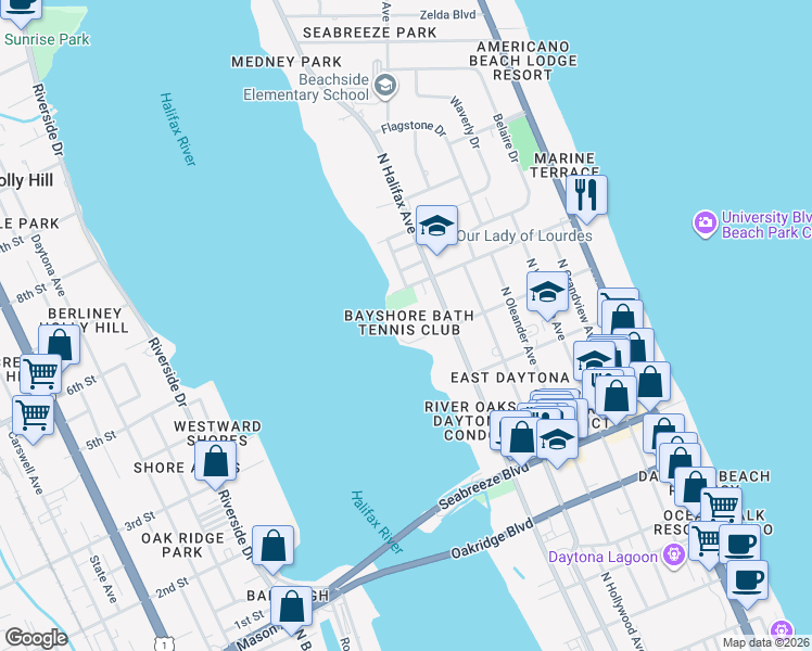 map of restaurants, bars, coffee shops, grocery stores, and more near 935 North Halifax Avenue in Daytona Beach