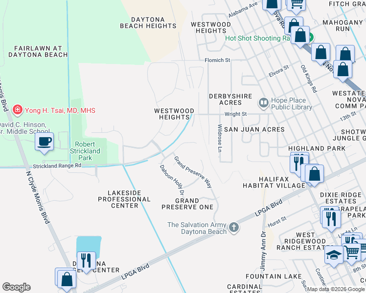map of restaurants, bars, coffee shops, grocery stores, and more near 104 Brasswood Court in Daytona Beach