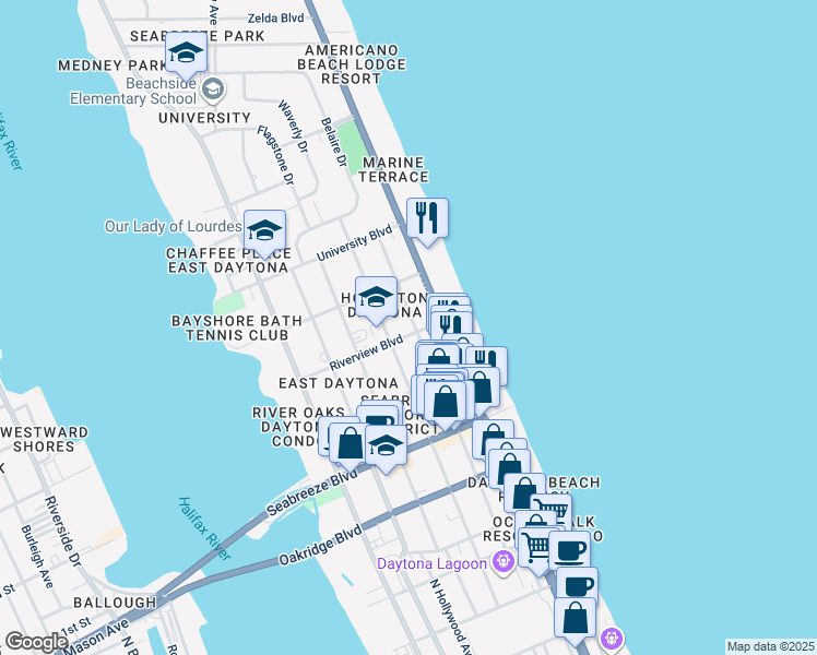 map of restaurants, bars, coffee shops, grocery stores, and more near 729 North Grandview Avenue in Daytona Beach