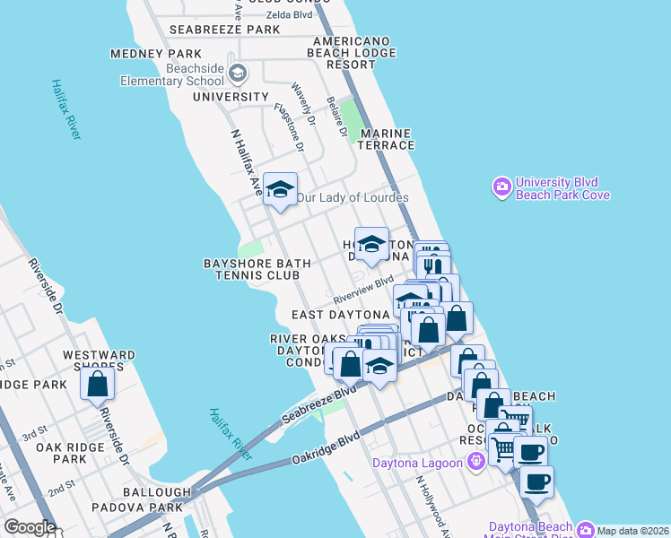 map of restaurants, bars, coffee shops, grocery stores, and more near 803 North Oleander Avenue in Daytona Beach