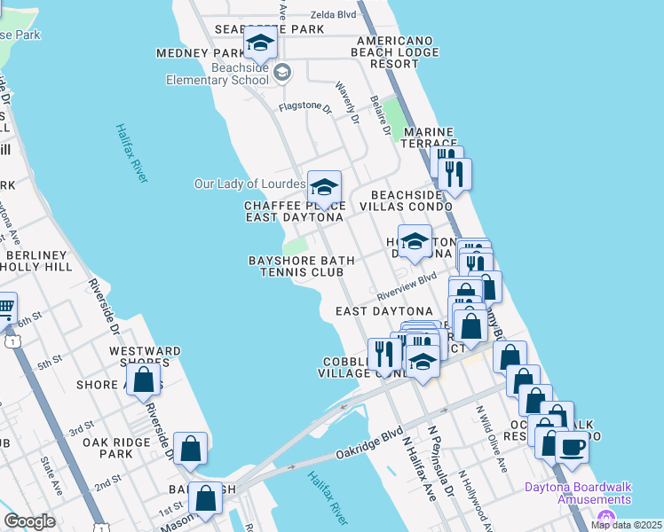 map of restaurants, bars, coffee shops, grocery stores, and more near 841 North Halifax Avenue in Daytona Beach