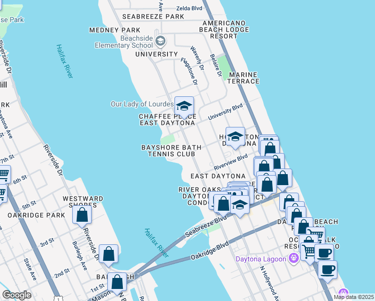 map of restaurants, bars, coffee shops, grocery stores, and more near 841 North Halifax Avenue in Daytona Beach