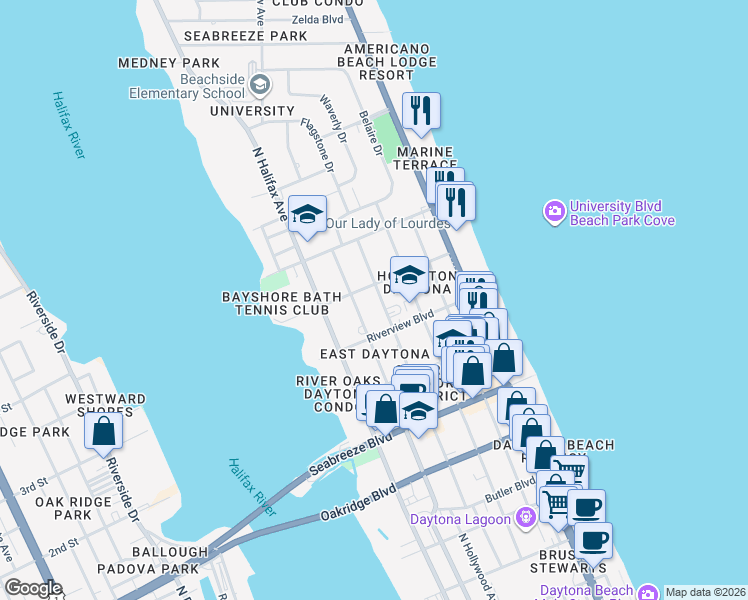 map of restaurants, bars, coffee shops, grocery stores, and more near 900 North Oleander Avenue in Daytona Beach