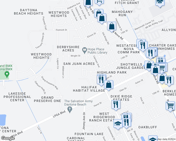 map of restaurants, bars, coffee shops, grocery stores, and more near 1301 Cedar Circle in Daytona Beach