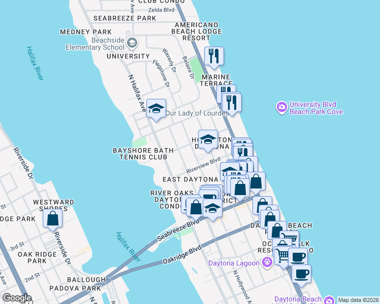 map of restaurants, bars, coffee shops, grocery stores, and more near 900 North Oleander Avenue in Daytona Beach