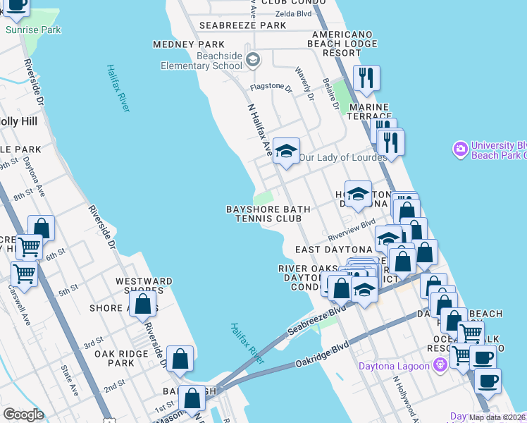 map of restaurants, bars, coffee shops, grocery stores, and more near 935 North Halifax Avenue in Daytona Beach