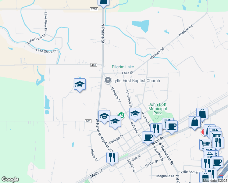 map of restaurants, bars, coffee shops, grocery stores, and more near 18815 North Prairie Street in Lytle