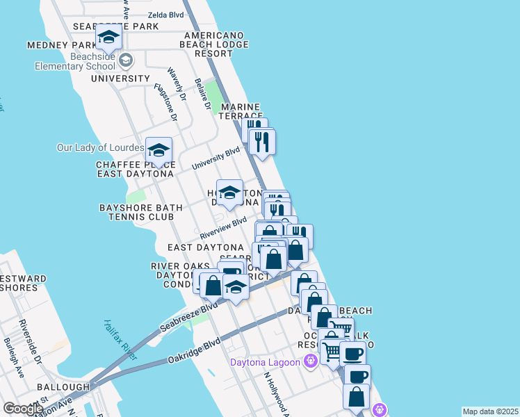 map of restaurants, bars, coffee shops, grocery stores, and more near 818 North Grandview Avenue in Daytona Beach